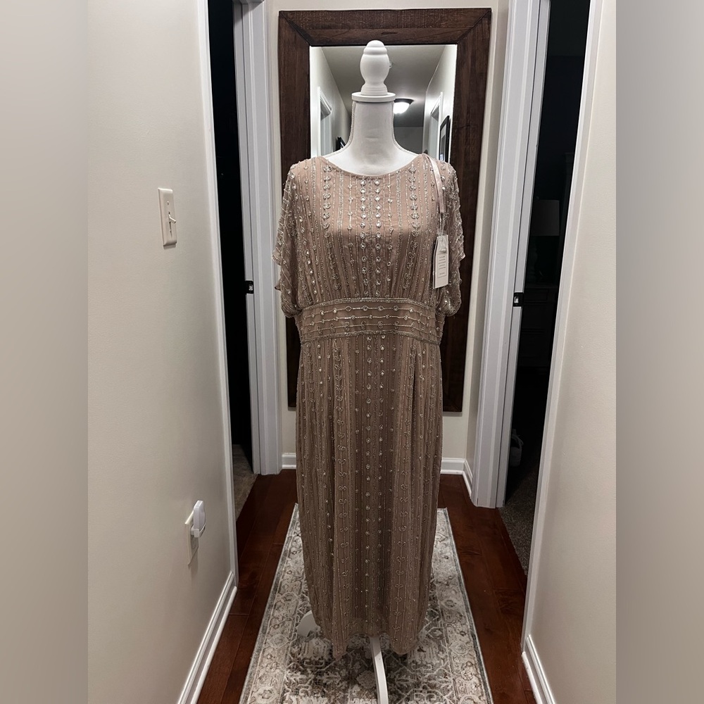 Mac Duggal Beaded Cap Sleeve Empire Waist Midi Dress Dark Mocha Size 16 NWT